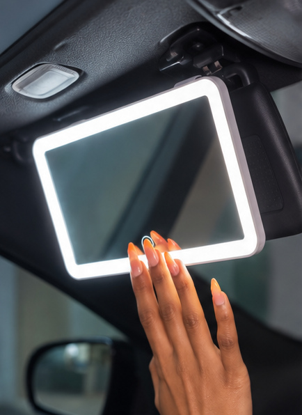 A hand adjusting Bella on the sun visor